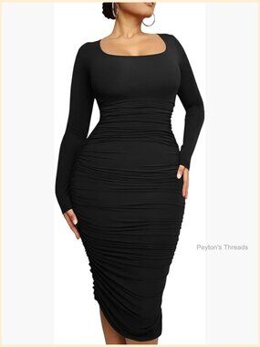 Plus Size Sexy Bodycon Long Sleeve Scoop Neck Ruched Basic Midi Party Dress
